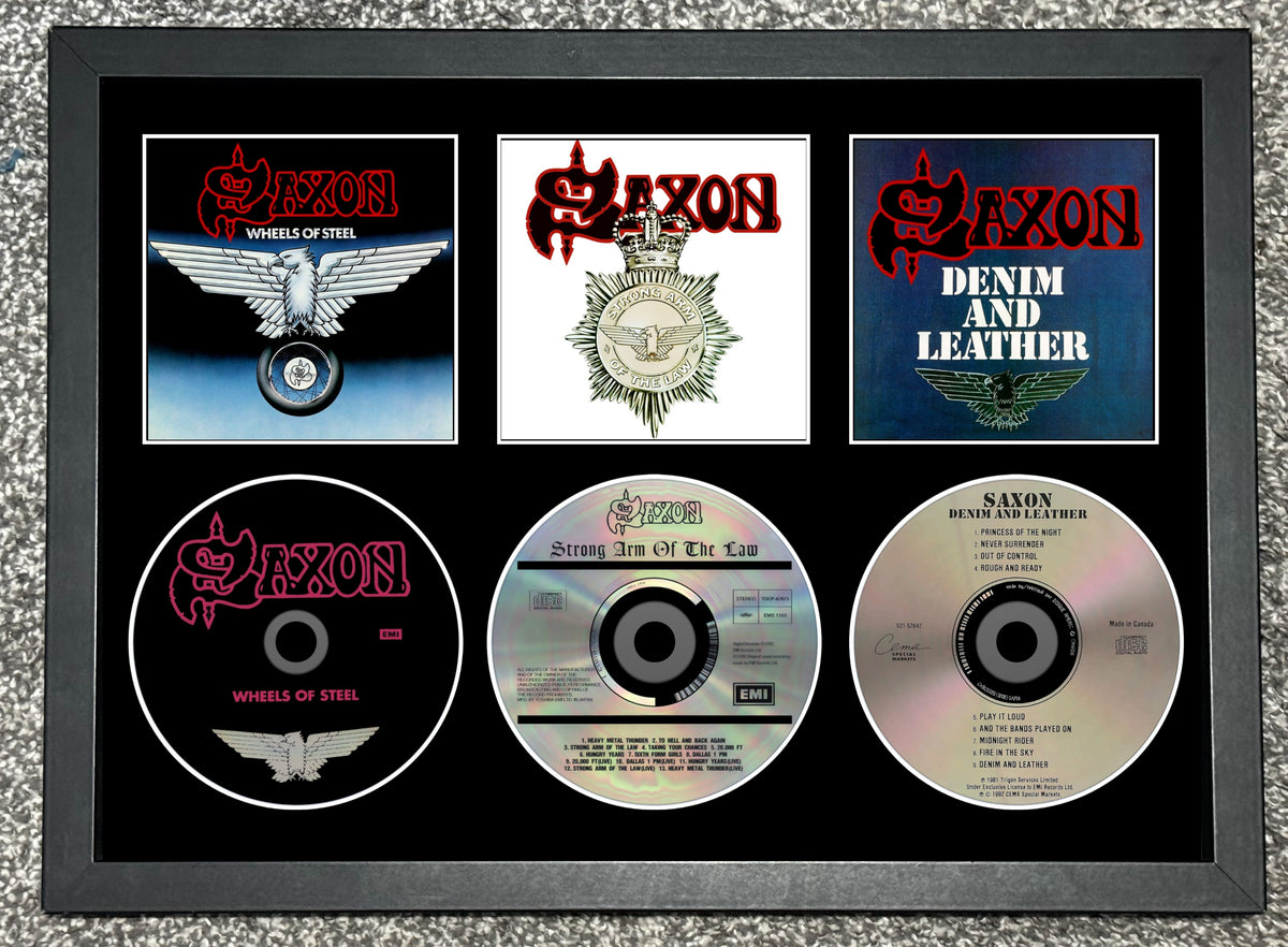 Saxon | Wheels of Steel | Strong Arm Of The Law | Denim & Leather | Triple Retro Mounted CD Wall Display | Frame Not Included |