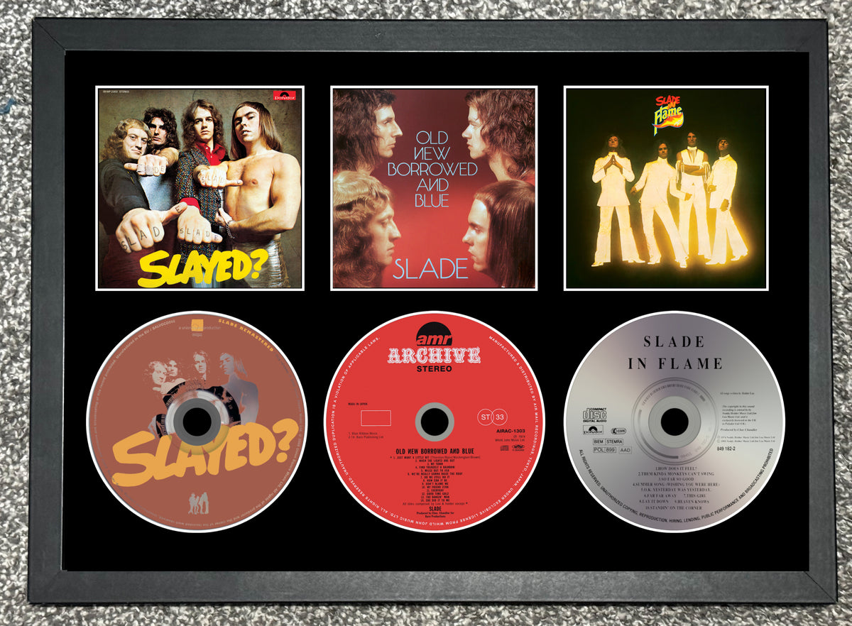Slade | Slayed? | Old New Borrowed and Blue | Slade In Fame | Triple Retro Mounted CD Wall Display | Frame Not Included |