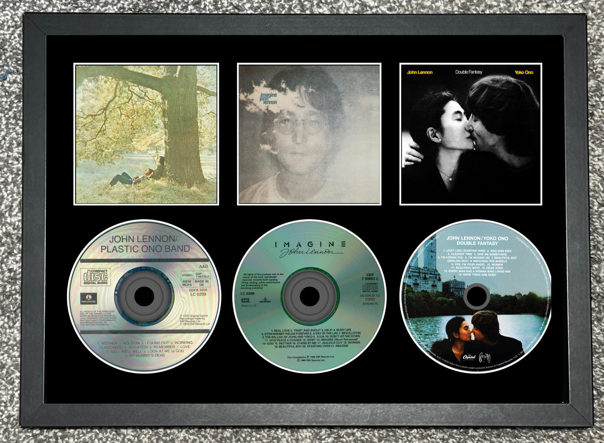 John Lennon | Plastic Ono Band | Imagine | Double Fantasy | Triple Retro Mounted CD Wall Display | Frame Not Included |