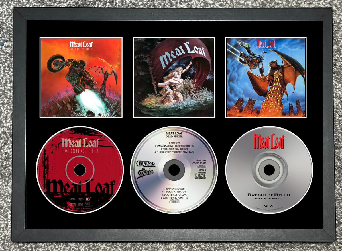 Meatloaf | Bat Out Of Hell | Dead Ringer | Bat Out Of Hell II : Back Into Hell | Triple Retro Mounted CD Wall Display | Frame Not Included |